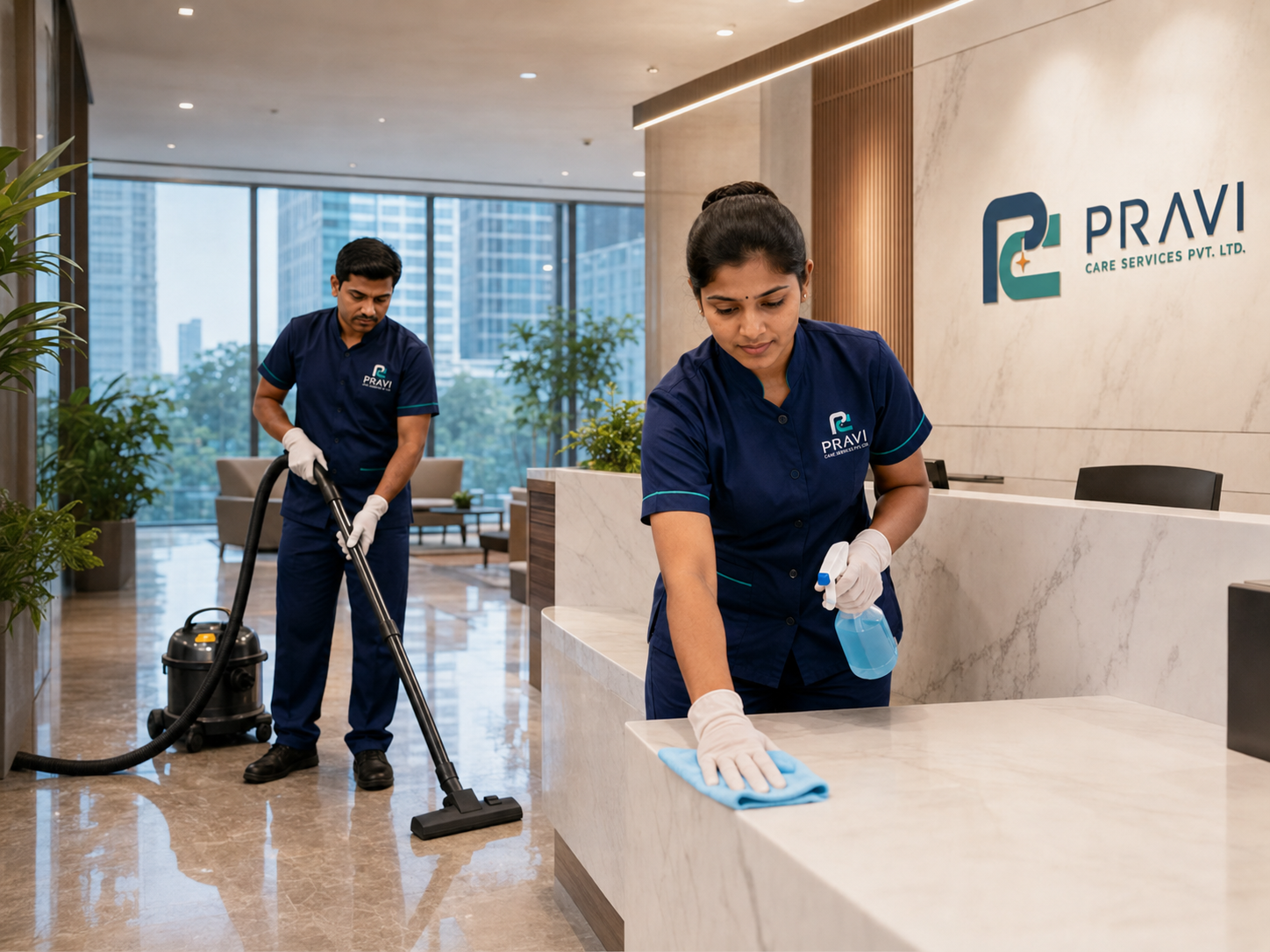 Mechanised cleaning team maintaining a commercial facility